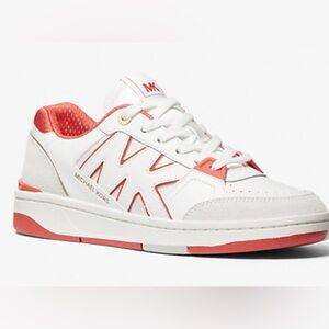 Michael Kors NWT Rebel Lace Up Shiny Lycra White and Coral Sneakers